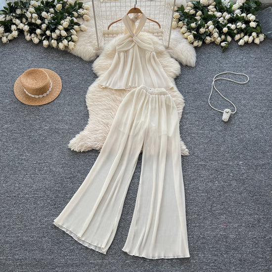 Twisted-strap Tube Top With High-waisted Pleated Wide-leg Pants