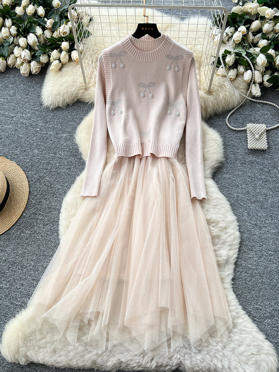 Cherry Vest Long-Sleeve Knitted Patchwork Mesh Dress