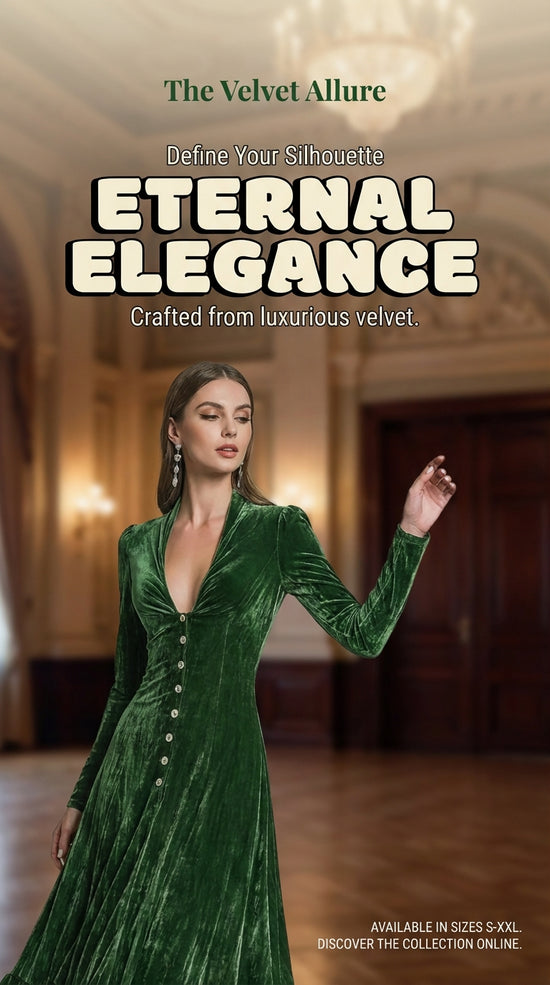 Velvet Buttoned Lapel Long-sleeve Waist-cinching Dress