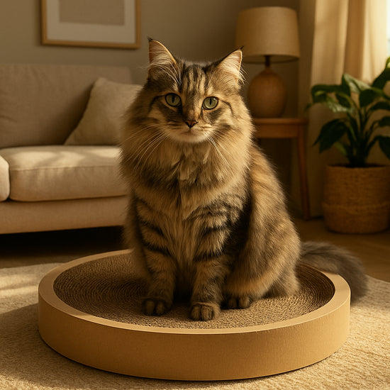 A cozy living room with a fluffy cat perched on the rim of a round cardboard cat scratcher, sunlight streaming in, showing the scratcher’s textured surface. Alt: round cardboard cat scratcher benefits cat stretching perch