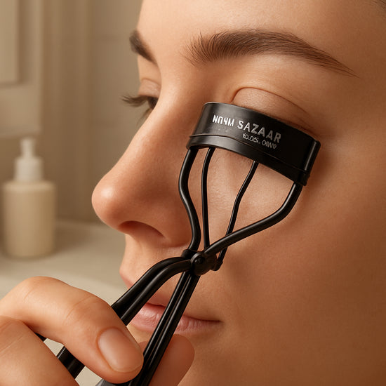 A photorealistic close‑up of a hand using the Nina Bazaar CurvyCurl Pro on straight eyelashes, soft natural lighting, bathroom vanity setting. Alt: CurvyCurl Pro eyelash curler for straight lashes – realistic image.