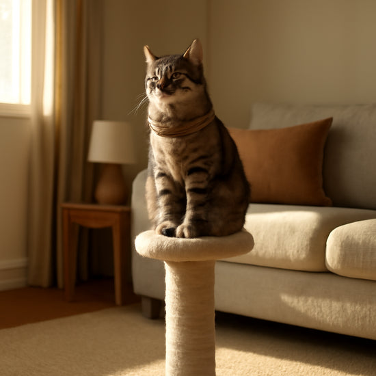 A cozy living room with a cat perched on a scratching post, sunlight streaming in, sofa visible, cat looking content. Alt: cat enjoying a scratching post in living room