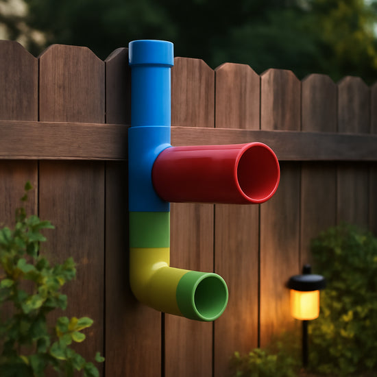 A backyard with a colorful PVC bird feeder mounted on a fence, a small solar light glowing at dusk. Alt: PVC bird feeder in a sunny garden.