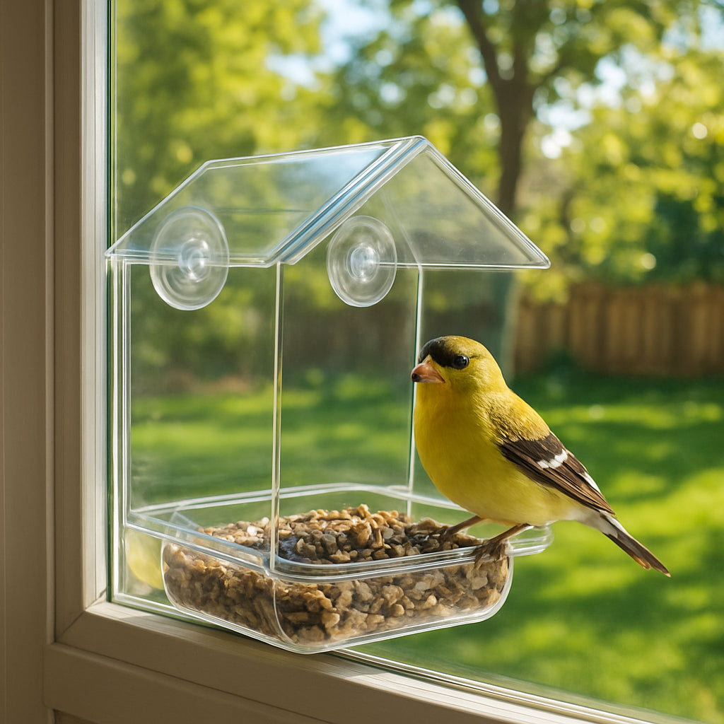 A cheerful bird feeder perched on a kitchen window, the glass reflecting a sunny backyard. Alt: Window-mounted bird feeder with a bird perched on the dish.