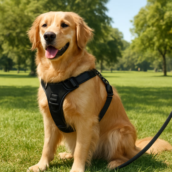 A playful golden retriever wearing a no‑pull harness in a sunny park, leash in front, looking relaxed. Alt: Golden retriever wearing a no pull harness.