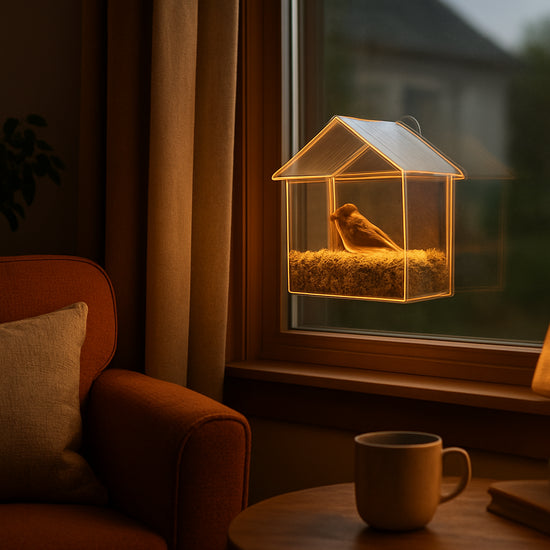 A cozy living room with a window-mounted bird feeder perched on a narrow window frame, soft amber lighting illuminating the feeder. Alt: Window-mounted bird feeder with warm lighting