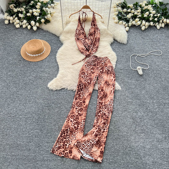 Sexy Scooped-neck Leopard-print Tank Top With High-waisted Flared Pants