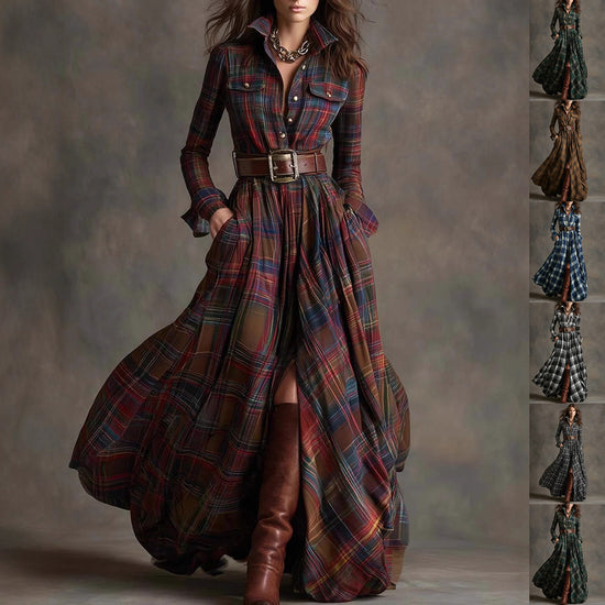 Ins Plaid Print Long-Sleeved Long Dresses