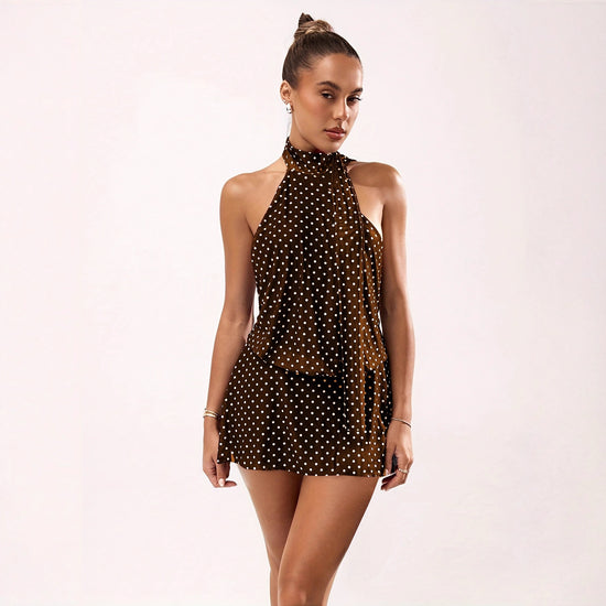 Womens Sexy Polka-Dot Printed Halterneck Mini Dress