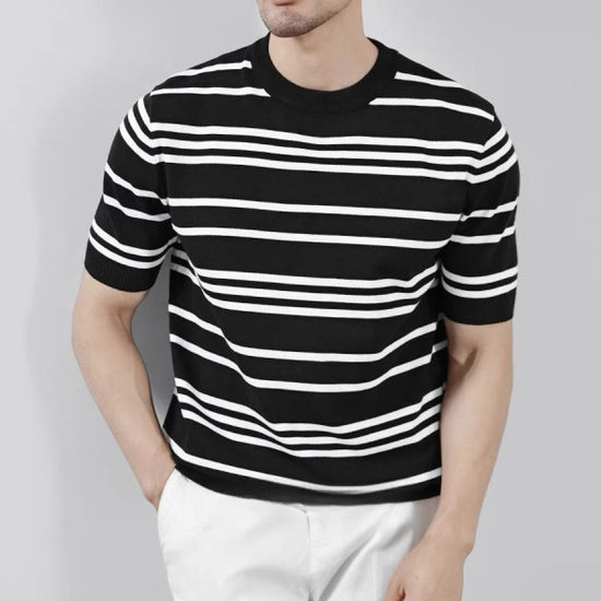 Men Knitted Ice Silk Stripes Short Sleeve T-shirt M-3XL