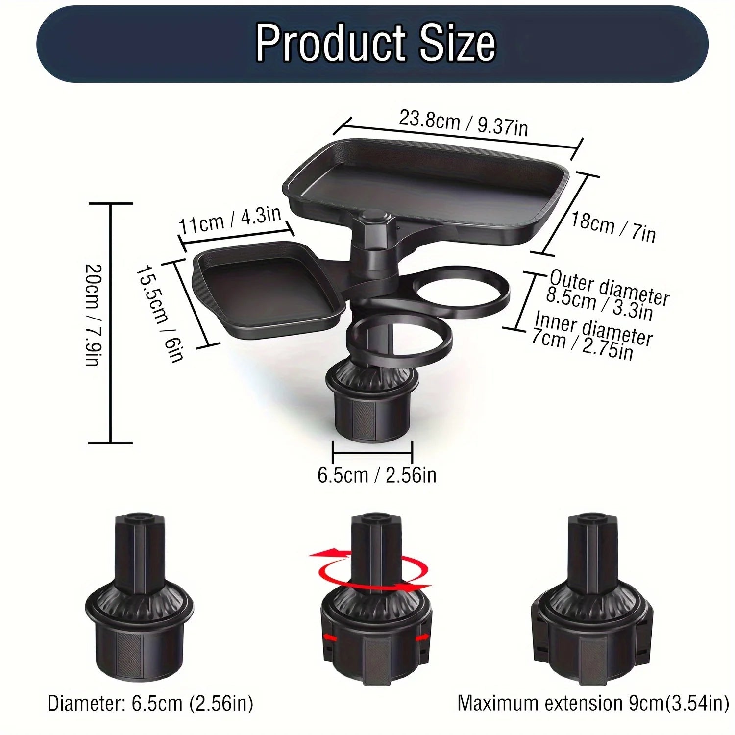 2025 New Car Cup Holder Tray-Expander-3 In 1 Detachable Food Table Tray With Solid Base-Road Trip Essentials Accessories Gadgets