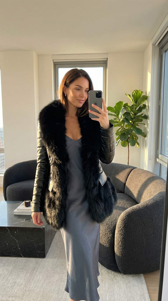 Faux fur large fur collar leather jacket