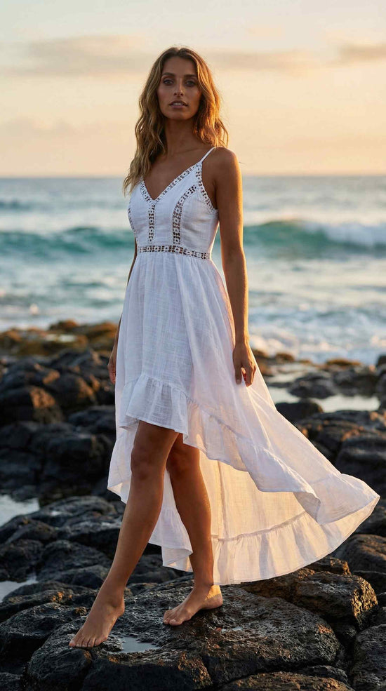 V-neck sexy hollow stitching lace waist dress