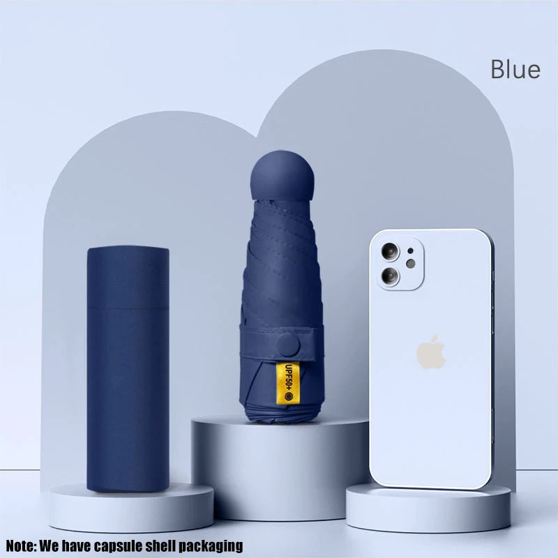 Solid Color Capsule Umbrella Portable Mini Sunshade Sunscreen Rain Umbrella Black Rubber Alloy Handle Foldable Sun Rain Dual Use