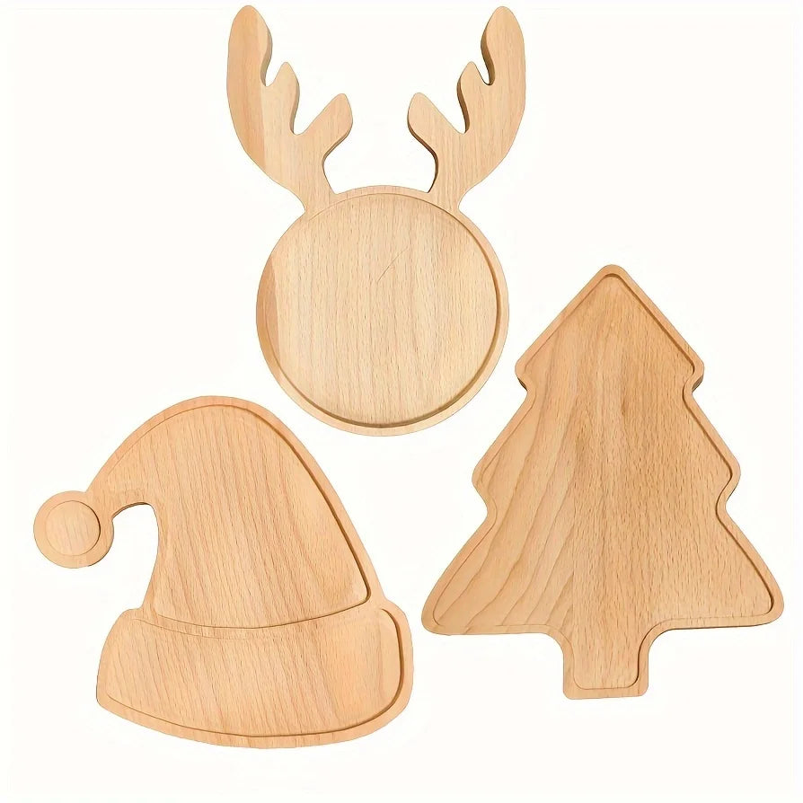 Christmas charm wooden appetizers for snacks, desserts and sweets, festive reindeer, tree and hat patterns, home decor