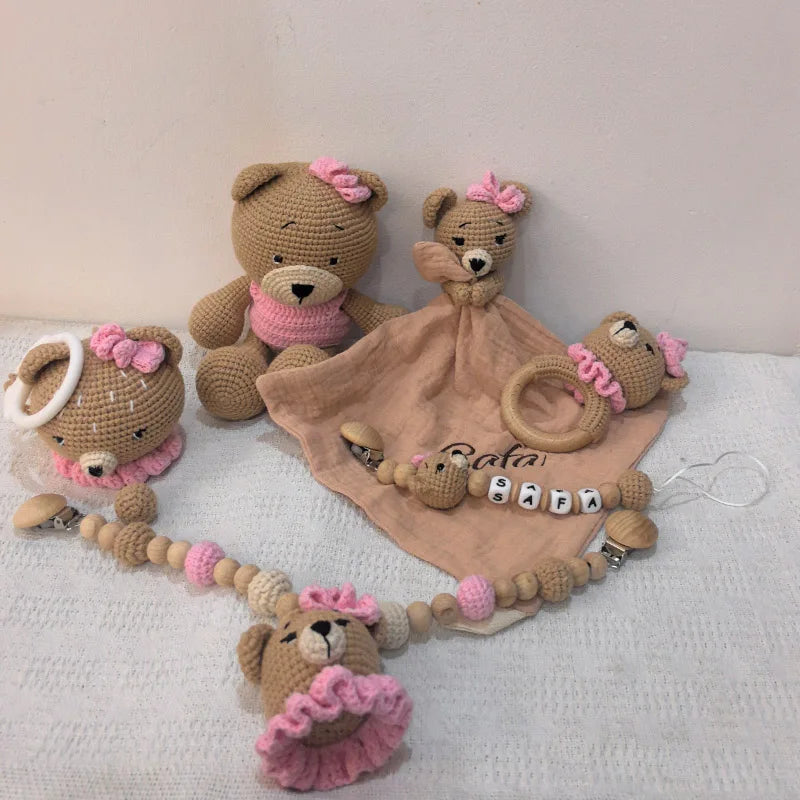 Personalization Crochet Animal Baby Towel Toy Wooden Newborn toys Bear Stuffed Doll Cotton Towel Sleeping dolls