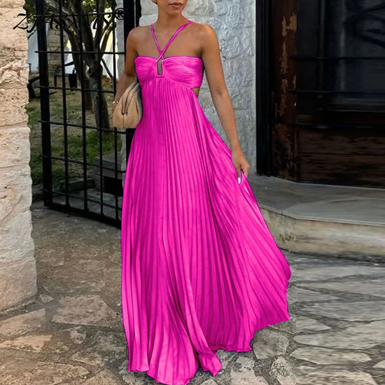 Vestidos Sexy Hollow Halter Robe Pleated Dress