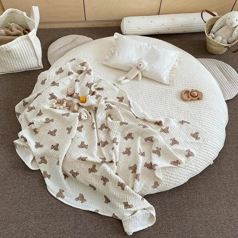 Baby Bath Towel 90cmX130cm Bear Print Blanket Muslin Breathable Infant Cotton Gauze Swaddle Wrap Bedding Baby Stroller Cover