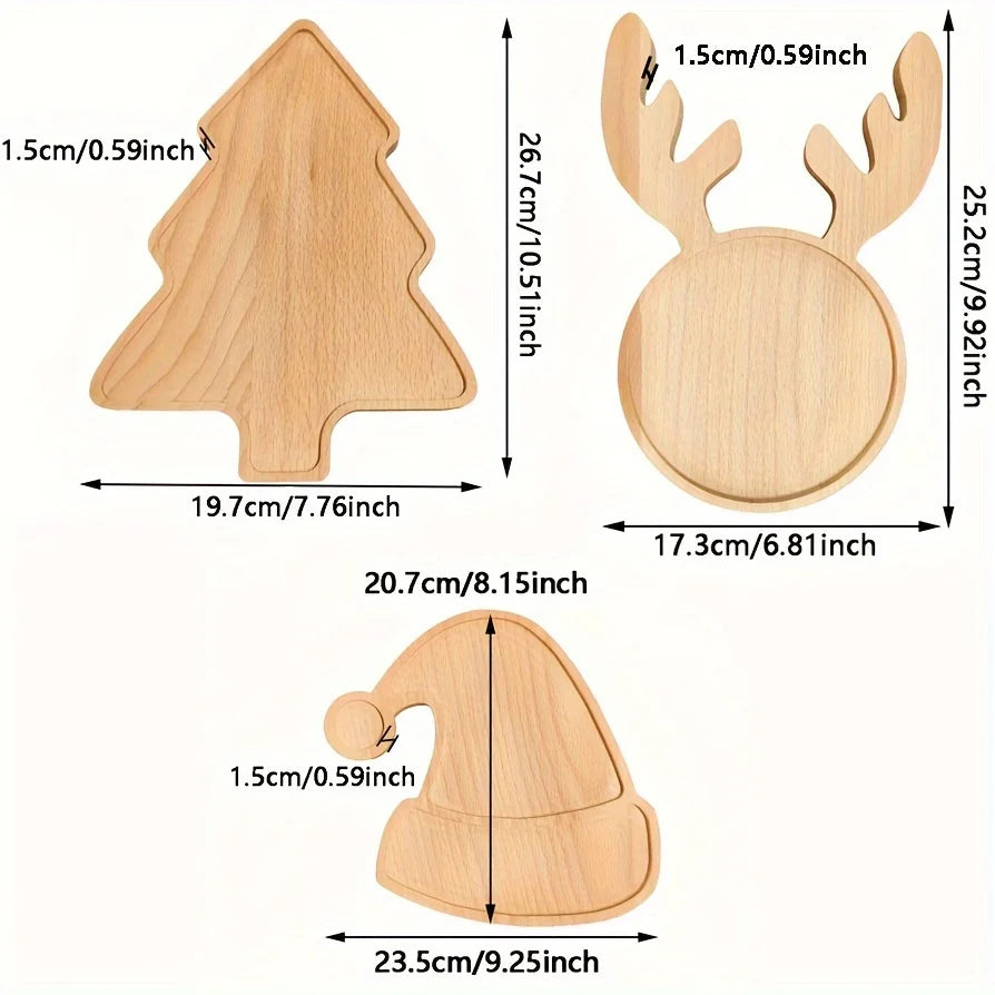 Christmas charm wooden appetizers for snacks, desserts and sweets, festive reindeer, tree and hat patterns, home decor