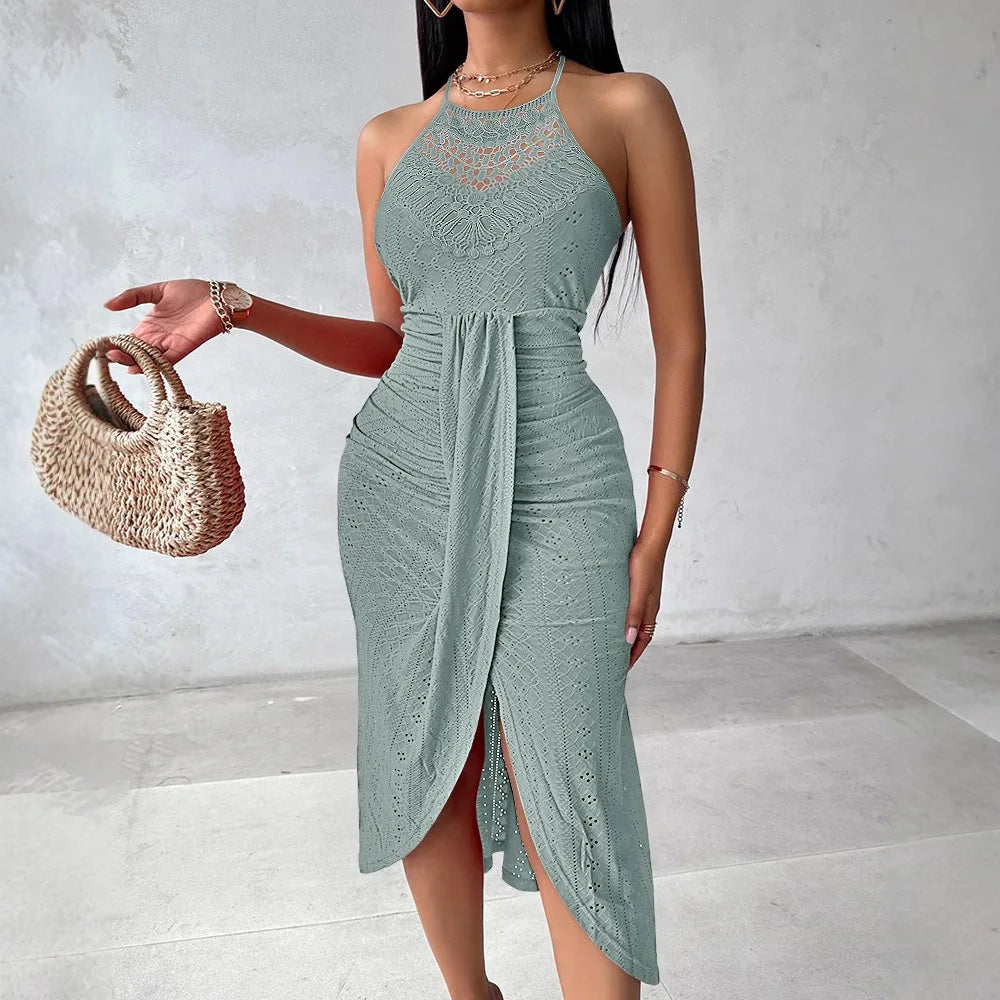 Summer Womens Halter Hollow Front Slit Ruched Maxi Dress