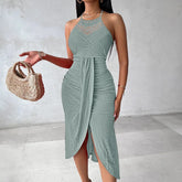 Summer Womens Halter Hollow Front Slit Ruched Maxi Dress