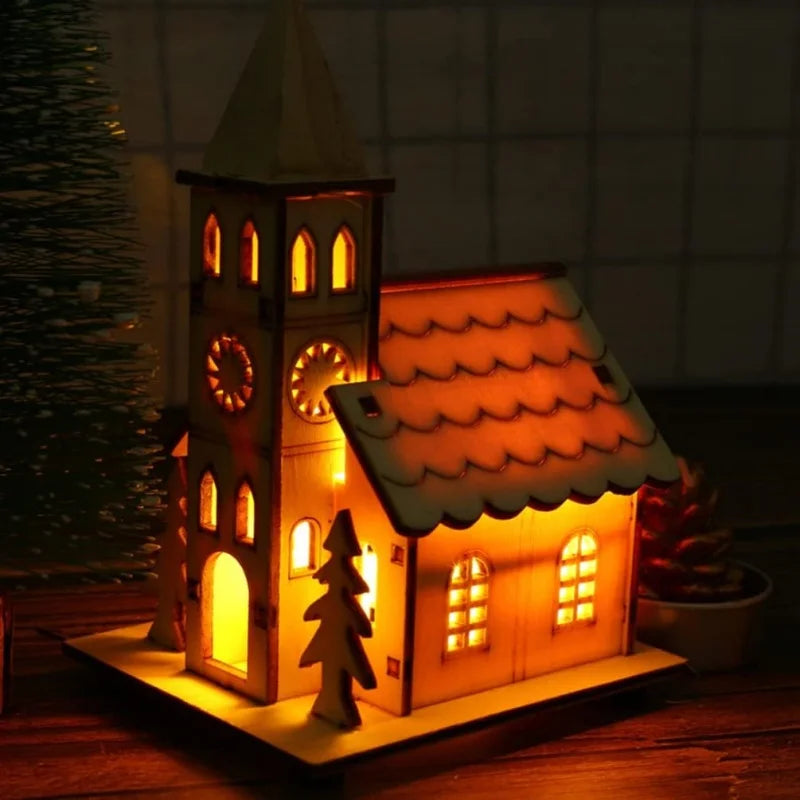Christmas LED Light Wooden House Village Unfinished Wood Xmas Village Ornament Luminous Christmas Desktop Holiday Home Decor