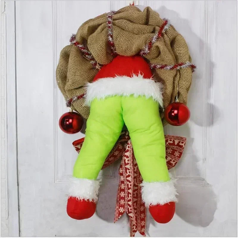 17.72inch Christmas Thief Wreath，Christmas Elf Leg Wreath， Christmas Burlap Wreath， Holiday Decoration