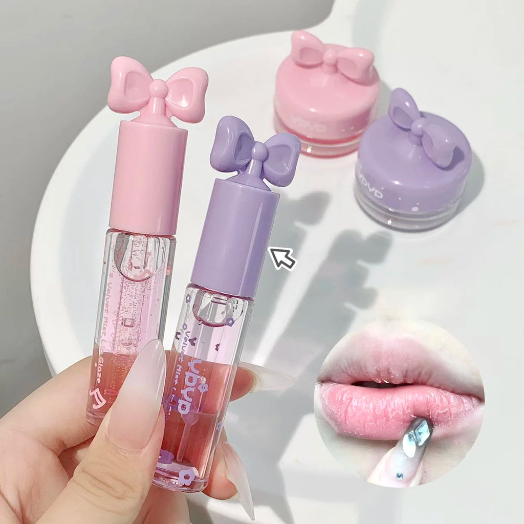 Two piece set of moisturizing lip gloss lip mask set, long-lasting moisturizing and glossy smooth makeup set