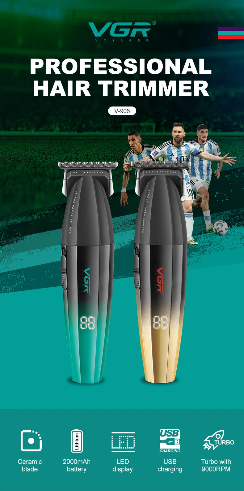 VGR Hair Trimmer Professional Hair Cutting Machine Cordless Hair Clipper 9000 RPM Haircut Barber Metal Trimmer for Men V-906