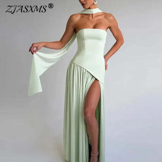 Elegant Strapless Scarf Neck Pleated Dress