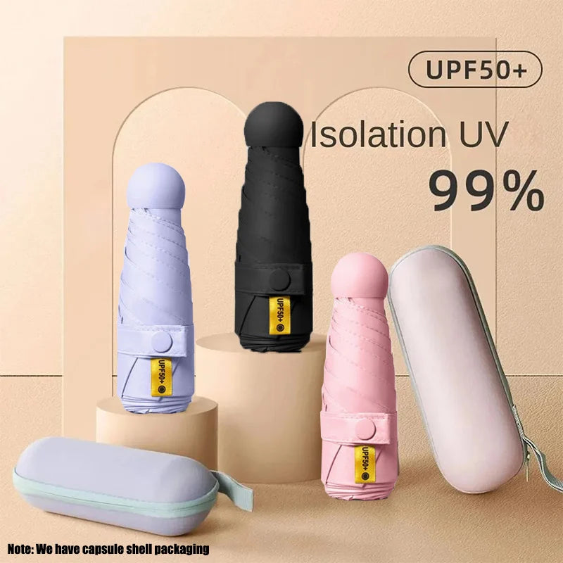 Solid Color Capsule Umbrella Portable Mini Sunshade Sunscreen Rain Umbrella Black Rubber Alloy Handle Foldable Sun Rain Dual Use