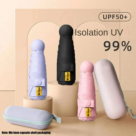 Solid Color Capsule Umbrella Portable Mini Sunshade Sunscreen Rain Umbrella Black Rubber Alloy Handle Foldable Sun Rain Dual Use
