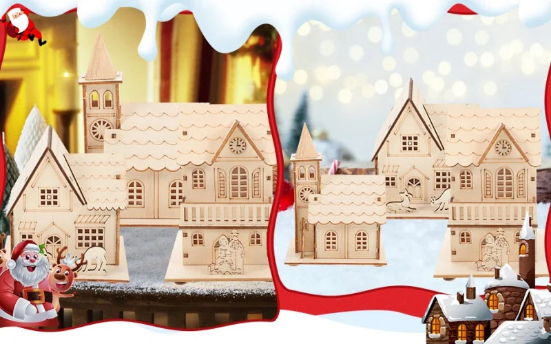 Christmas LED Light Wooden House Village Unfinished Wood Xmas Village Ornament Luminous Christmas Desktop Holiday Home Decor