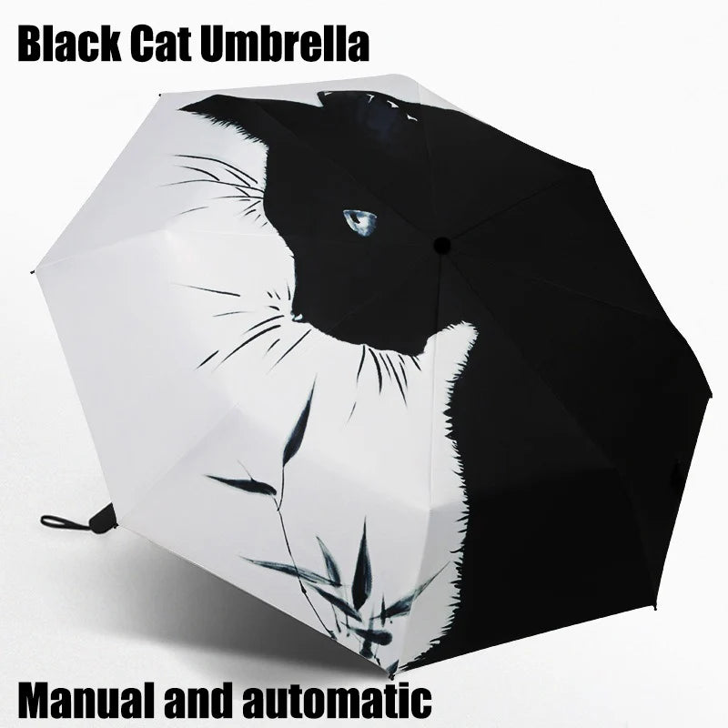 1pc Black White Minimalism Cat Pattern Folding Umbrella Rainproof Sunshade UV Protection Travel Umbrella Automatic Manual Models