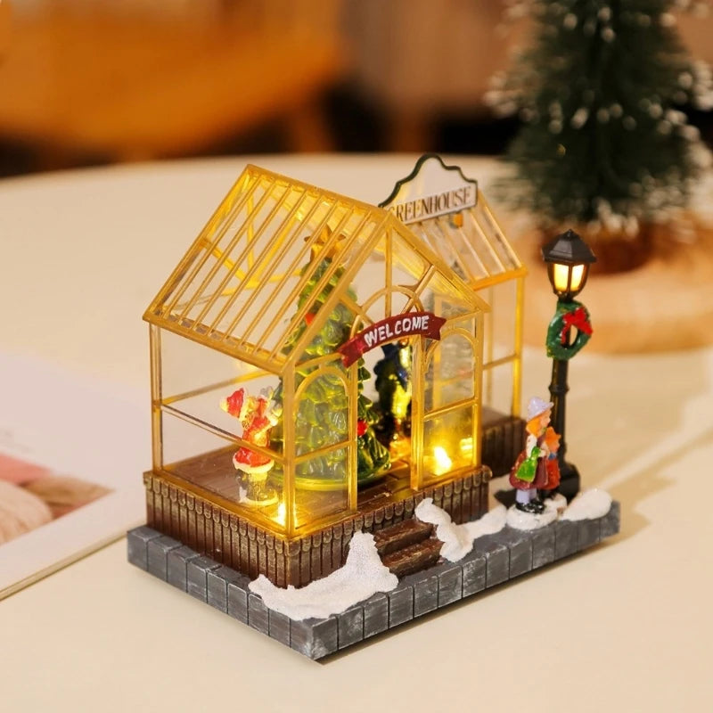 Christmas Musical Greenhouse Ornament with LED Lighting and Rotating Tree Figurines Statue Animated Village Ornament