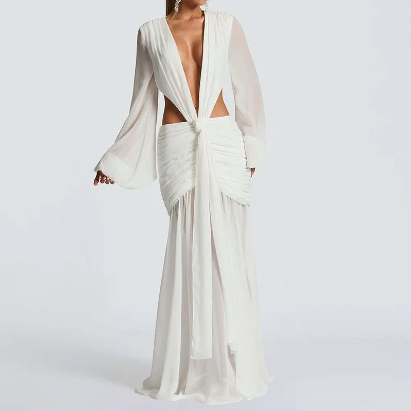 summer women deep v neck backless draped party dress