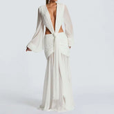 summer women deep v neck backless draped party dress