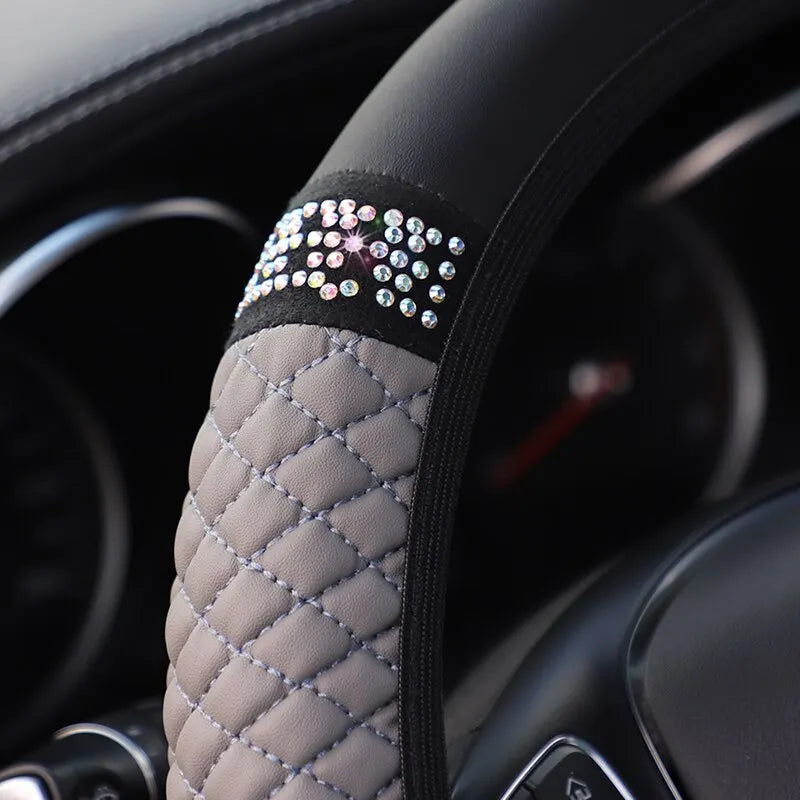 Car Steering Wheel Cover Without Inner Ring 37-38cm Three-dimensional Leather Embroidered Color Diamond-encrusted Breathable
