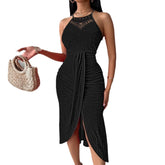 Summer Womens Halter Hollow Front Slit Ruched Maxi Dress