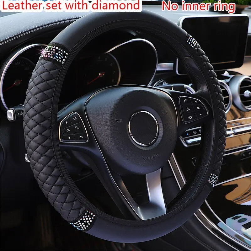 Car Steering Wheel Cover Without Inner Ring 37-38cm Three-dimensional Leather Embroidered Color Diamond-encrusted Breathable