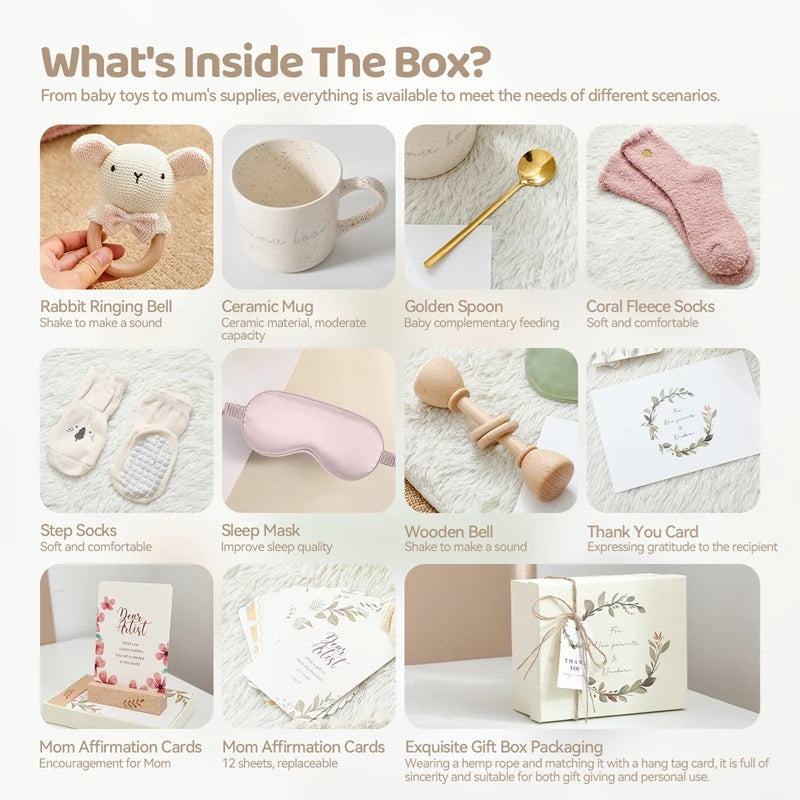 Baby Bathing Set Gift Box Wooden Rabbit Teether Wooden Rattle Cotton Socks Newborn Growth Memorial Card Baby Birth Gift
