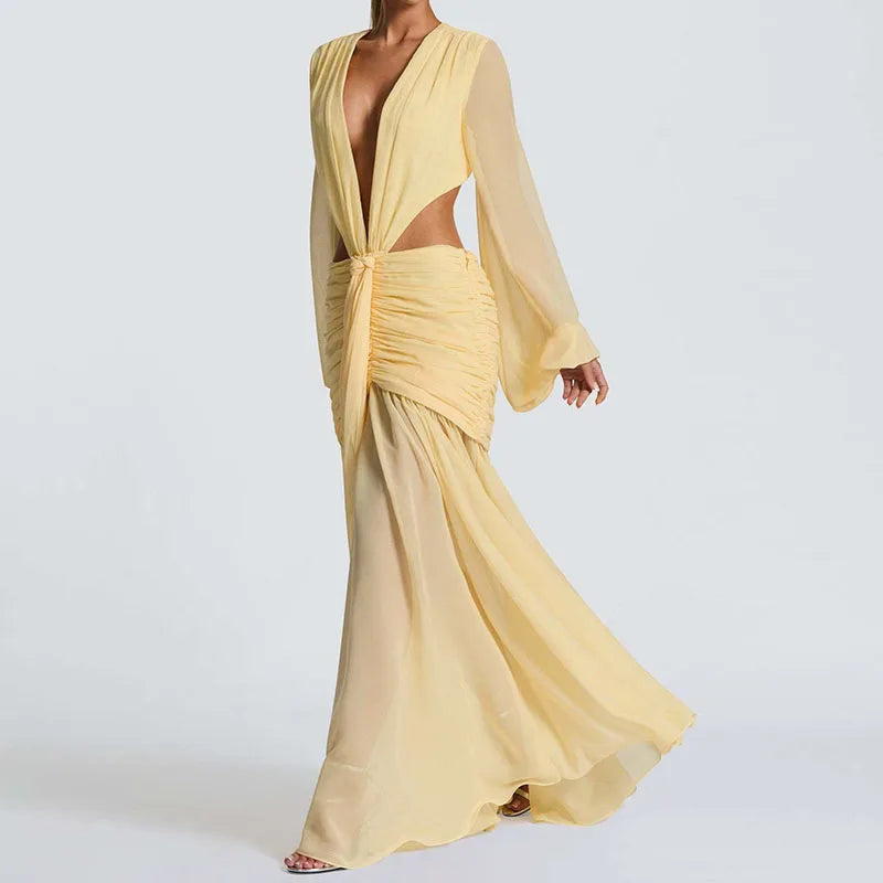 summer women deep v neck backless draped party dress
