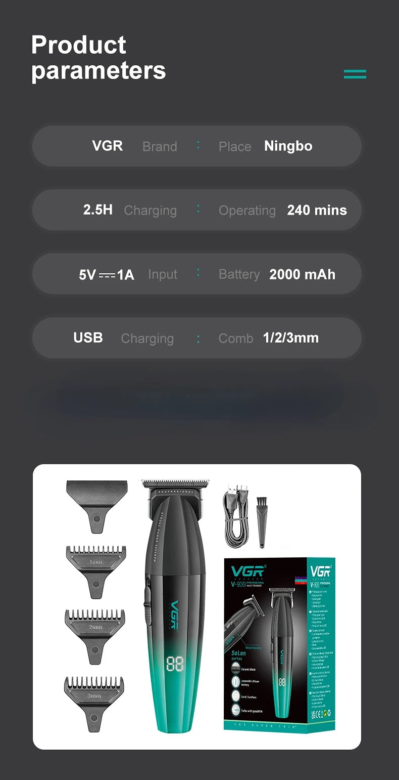VGR Hair Trimmer Professional Hair Cutting Machine Cordless Hair Clipper 9000 RPM Haircut Barber Metal Trimmer for Men V-906