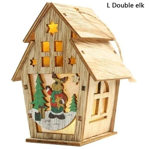 Christmas LED Light Wood House Cute Tree Hanging Pendant Window Decoration Ornaments Children's Handmade DIY Gift