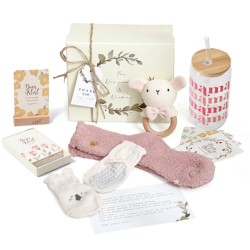 Baby Bathing Set Gift Box Wooden Rabbit Teether Wooden Rattle Cotton Socks Newborn Growth Memorial Card Baby Birth Gift