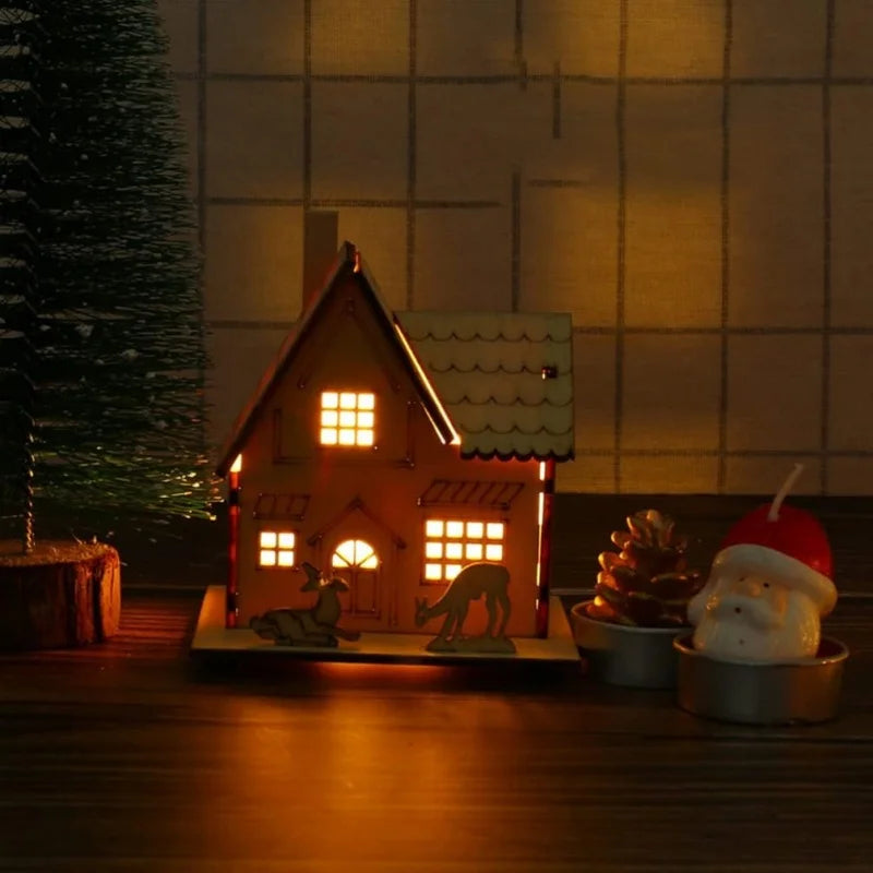 Christmas LED Light Wooden House Village Unfinished Wood Xmas Village Ornament Luminous Christmas Desktop Holiday Home Decor
