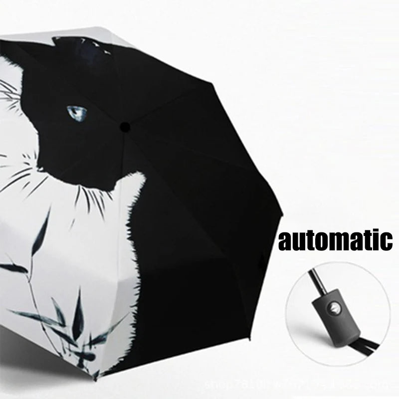 1pc Black White Minimalism Cat Pattern Folding Umbrella Rainproof Sunshade UV Protection Travel Umbrella Automatic Manual Models
