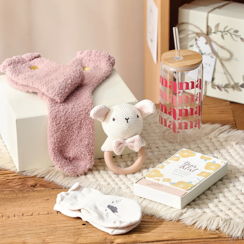 Baby Bathing Set Gift Box Wooden Rabbit Teether Wooden Rattle Cotton Socks Newborn Growth Memorial Card Baby Birth Gift