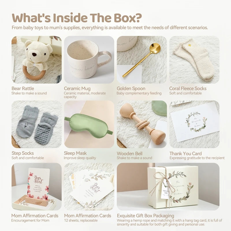 Baby Bathing Set Gift Box Wooden Rabbit Teether Wooden Rattle Cotton Socks Newborn Growth Memorial Card Baby Birth Gift