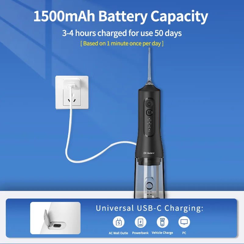 DrYadent Cordless YD06 Water Flosser 7 Nozzles 4 Smart Modes 3hrs Fast USB-C Charge 300ML Portable Tank 2min-Deep Cleaning Adult